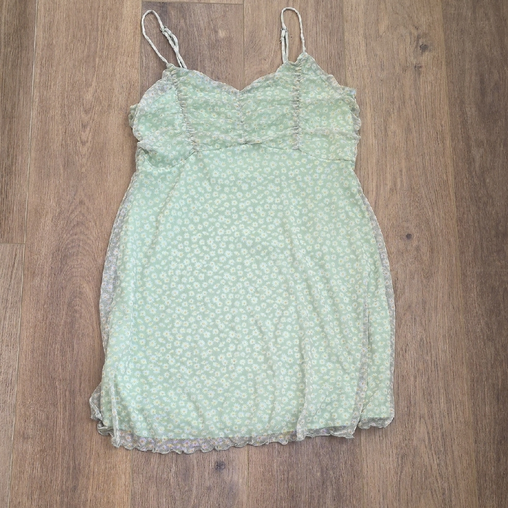 Y2K Green Mini Dress With White Daisy Print Size Large
